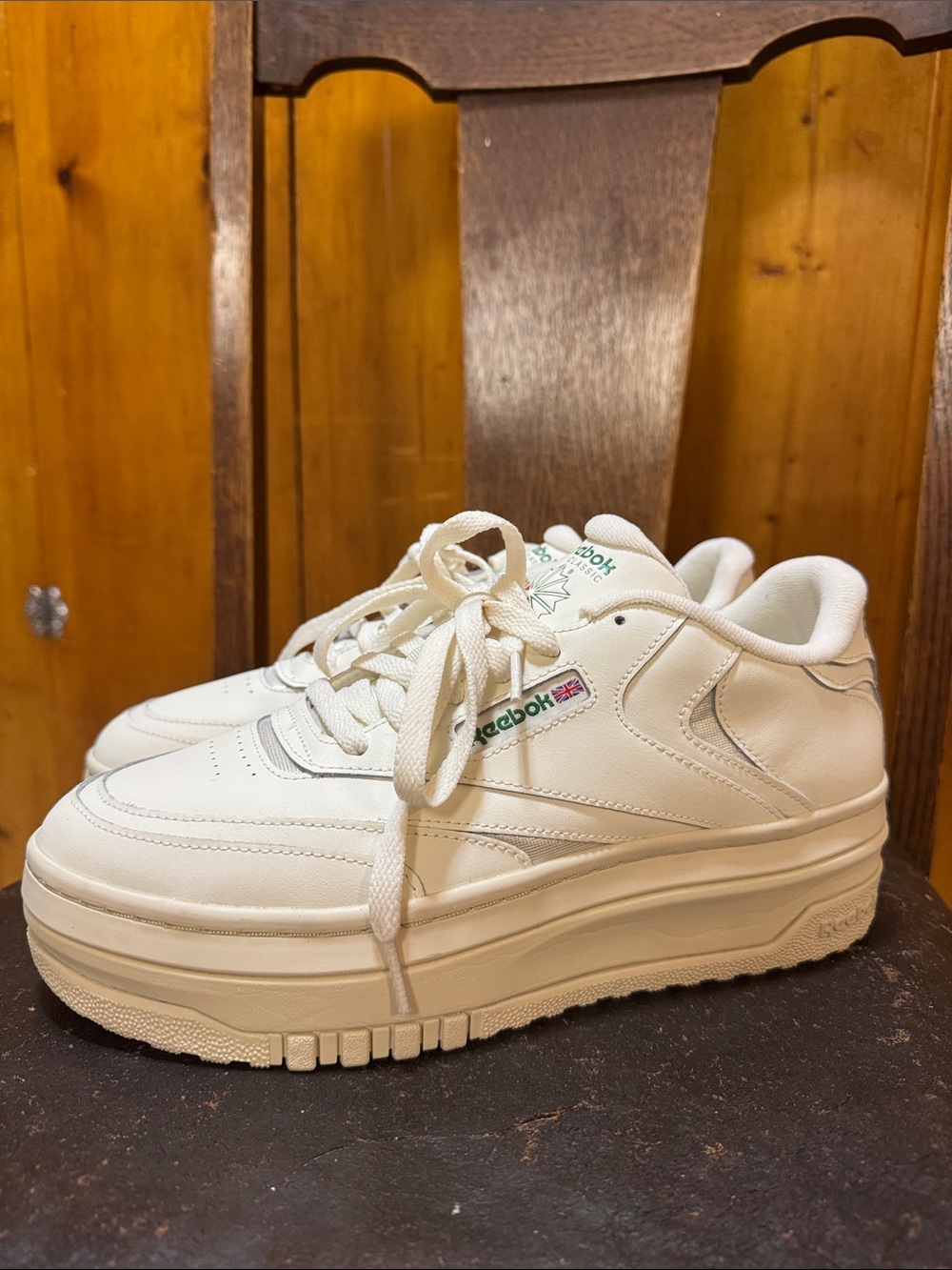 Reebok White Club C Platform Sneakers with Green Logo